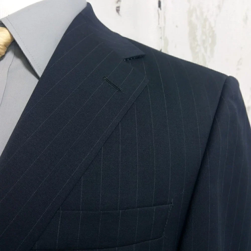 Andrew Fezza Comfort Stretch 37R 2 Btn Dark Blue Striped Suit Blazer Sport Coat